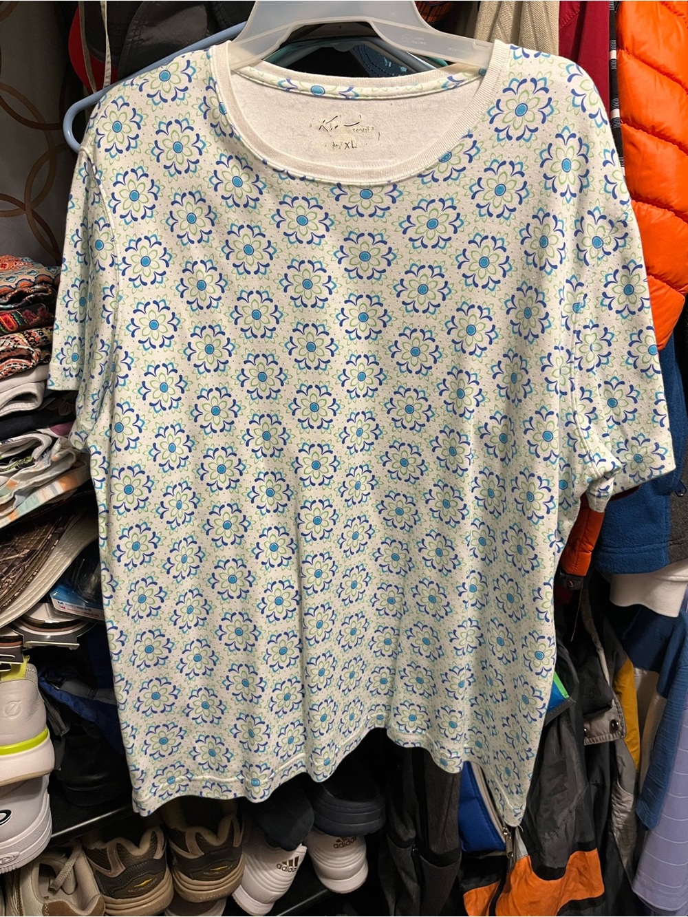 Kim Rogers White Short Sleeve Tee with Blue and Green Floral Trim - Picture 2 of 2